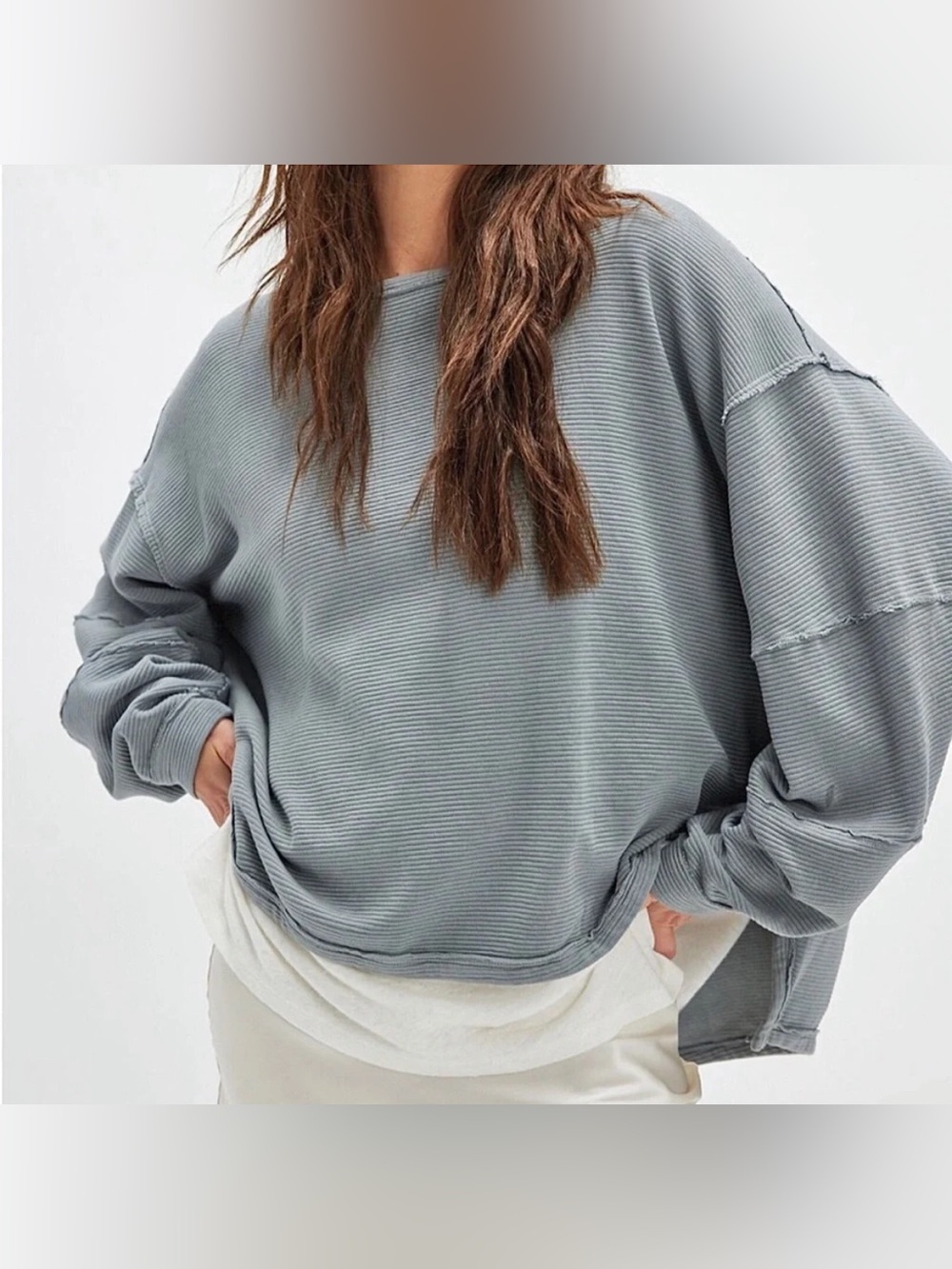 We The Free Oversized Ribbed Pullover in Dusty Slate Size Large
